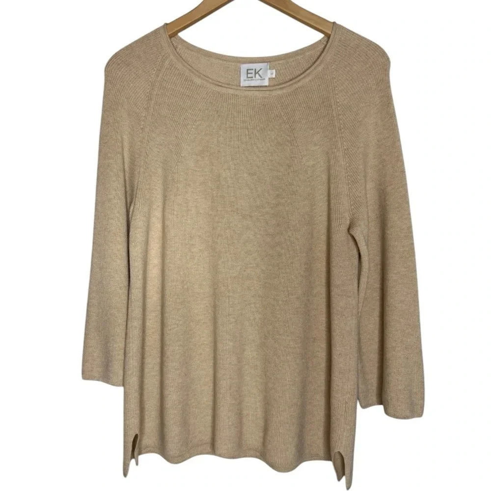 EDINBURGH KNITWEAR | Pima Cotton Fluted Shaker Knit Crew Sweater | Camel Top | L